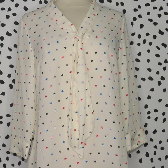 Modcloth Eye Love U Tie Neck Quirky Print 3/4 Sleeve Blouse - Picture 4 of 10